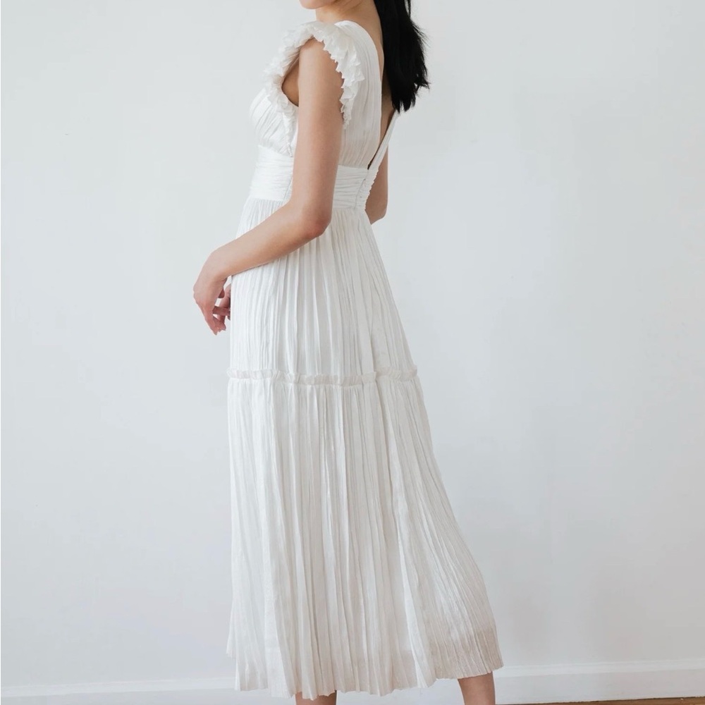 Jenny Yoo White Pleated Maxi Dress with Ruffle Cap Sleeves
